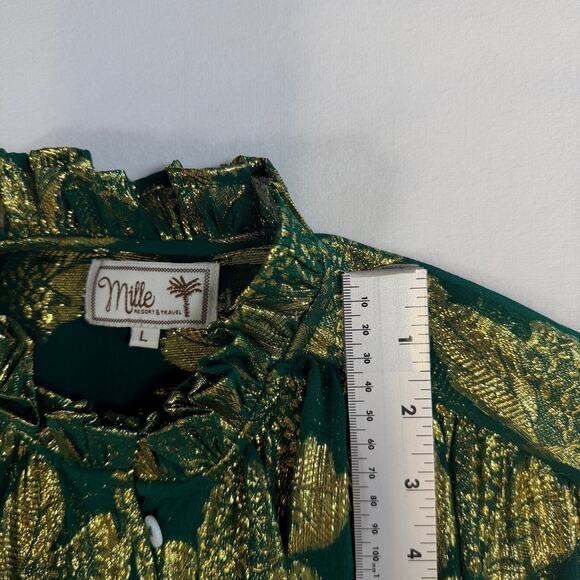 Mille Resort Travel Womens Blouse Green Gold L Silk Ruffle Mock Neck Sheer Party - Picture 9 of 12